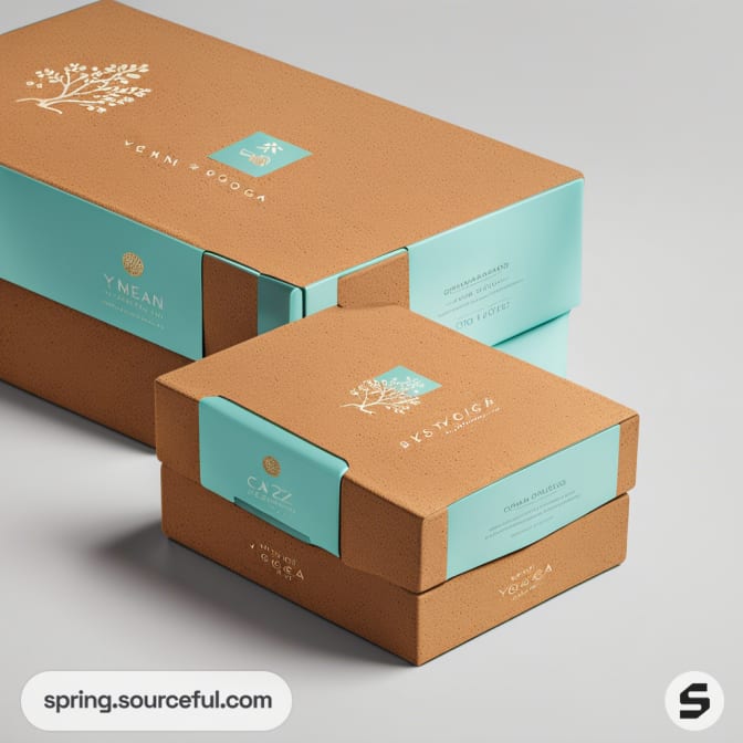 Two brown and turquoise mailer boxes with decorative leaf design on a neutral background.