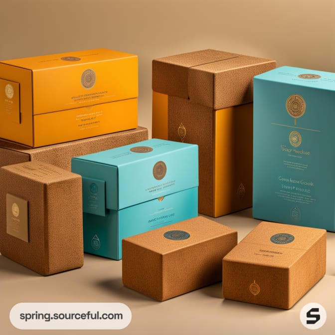 Colorful cardboard boxes in shades of orange and blue with embossed circular designs, arranged on a beige background.