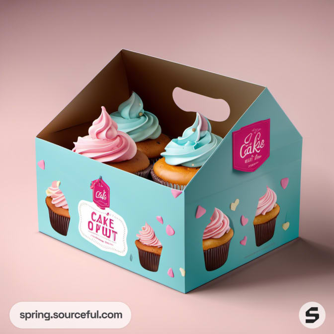 Teal cupcake box with handle, decorated with pink and blue cupcakes and hearts.