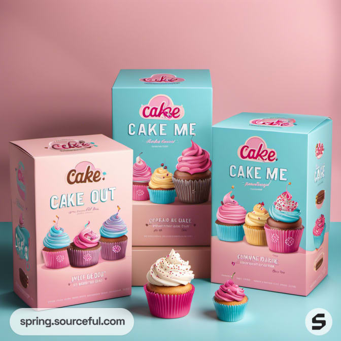 Three cupcake boxes: Aqua, pink, and teal with illustrated cupcakes on pastel background.