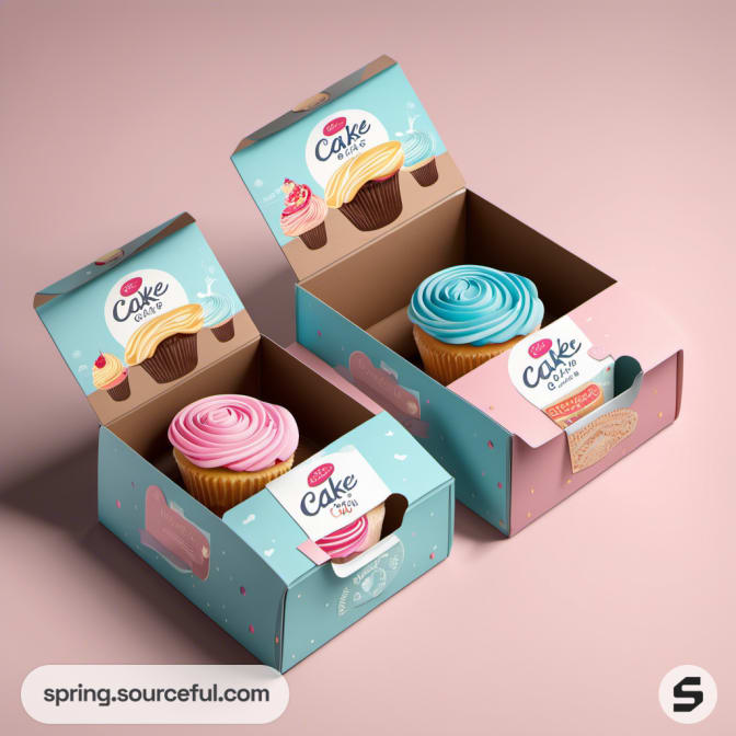 Two cupcake boxes, open to reveal pink and blue cupcakes, on pink background.