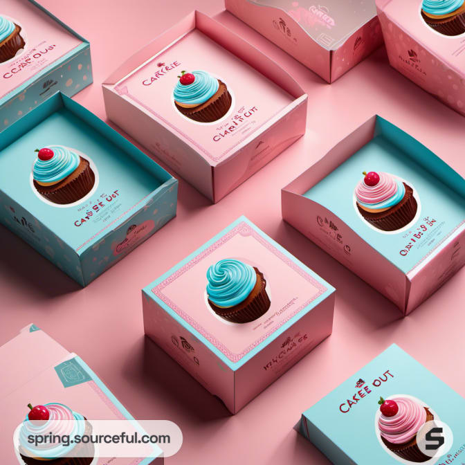 Multiple pastel pink and aqua square boxes with cupcake illustrations, top view.