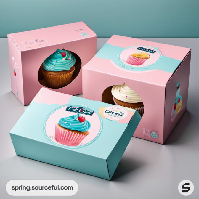 Three pastel cupcake boxes with windows showcasing cupcakes with colorful frosting.