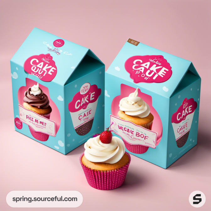 Two cupcake boxes, teal and pink, showcasing cupcakes with chocolate and vanilla frosting.