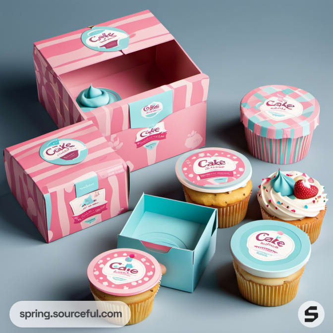 Assorted pink and teal cupcake packaging, including jars and boxes with cupcakes.