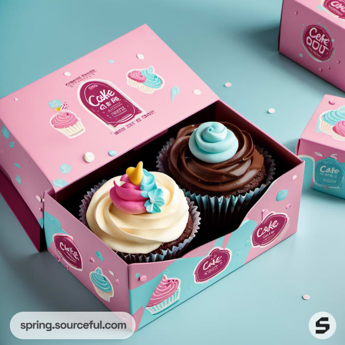 Pink cupcake box with two cupcakes topped with pink and chocolate frosting.