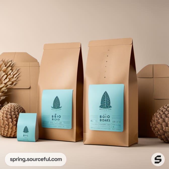 Brown paper bags with blue labels, various sizes, on a beige background.
