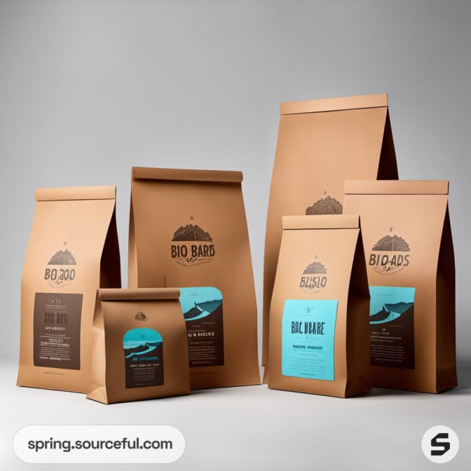 Six brown paper pouches with different blue and black labels on a gray background.