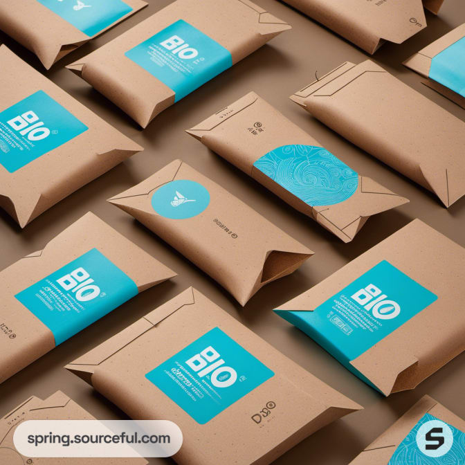 Rectangular kraft envelopes with blue labels arranged in a grid pattern.