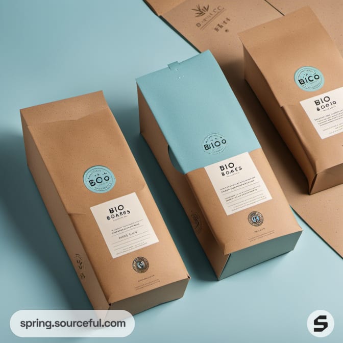 Three brown paper pouches with blue and white labels on a blue background.