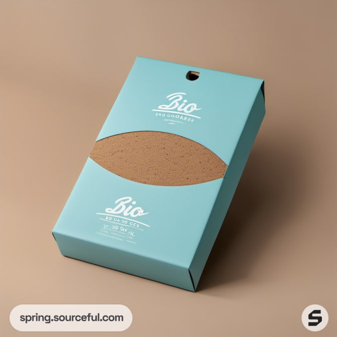 Blue and brown rectangular box with circular cutout on a beige surface.