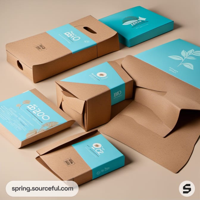 Kraft packaging with blue accents, varying shapes, on a beige surface.