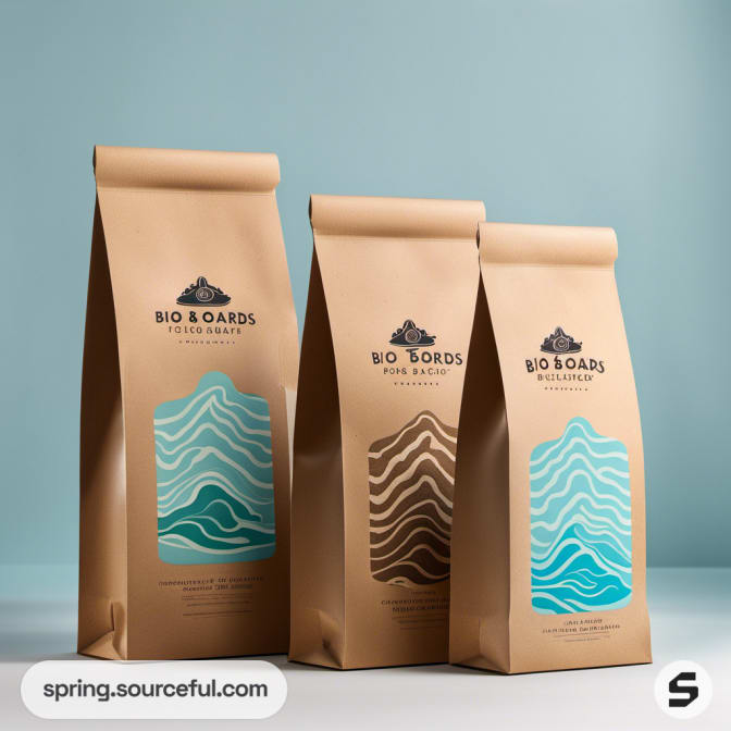 Three brown paper bags with wave patterns on a blue background.