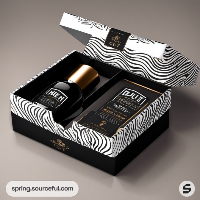 Black and white gift box with men's perfume and grooming kit.