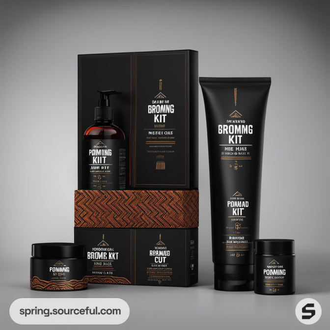 Luxury men's grooming kit with black packaging and bottles.