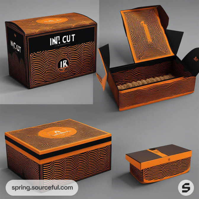 Black and orange patterned luxury gift box for grooming products.