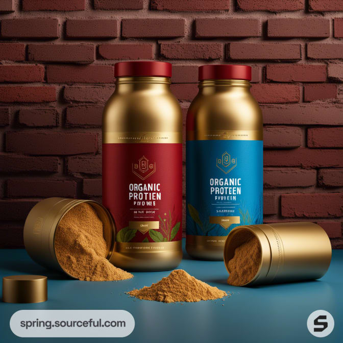 Two gold protein powder containers with red and blue labels on a blue surface and brick background.