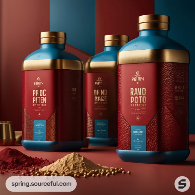 Boldly designed protein powder containers with blue and red accents and gold caps, on a matching red backdrop.