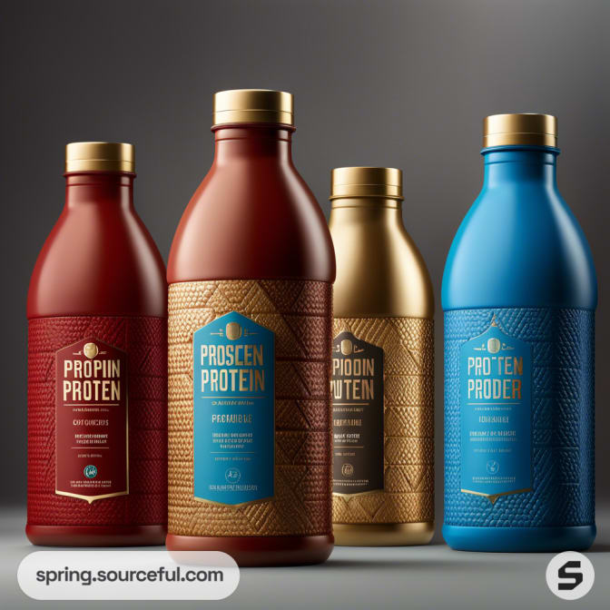 Four textured plastic bottles in red, brown, gold, and blue on a gray background.