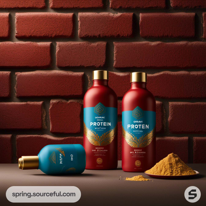 Three protein powder bottles in stylish packaging with gold cap against a brick wall, alongside a mound of powder.