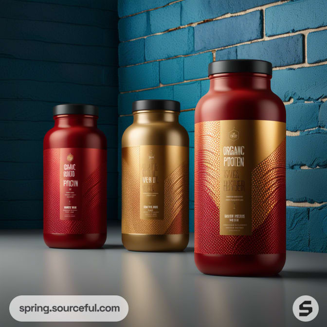 Three stylish supplement containers with red and gold labels against a blue brick wall background.