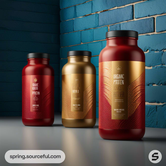 Three stylish supplement containers with red and gold labels against a blue brick wall background.