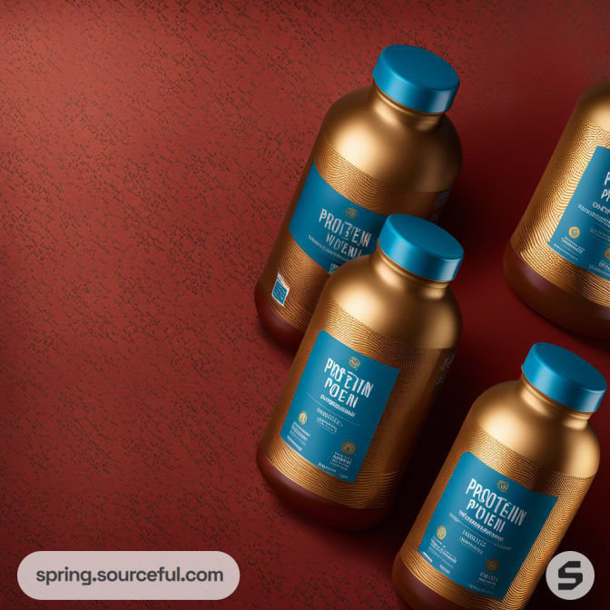 Gold protein powder bottles with blue labels and caps on a red background.