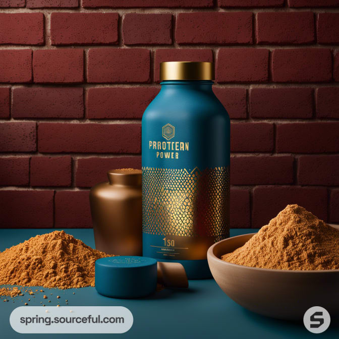 Dark blue protein powder container with gold patterns, surrounded by two small bowls and a measuring scoop with powder.