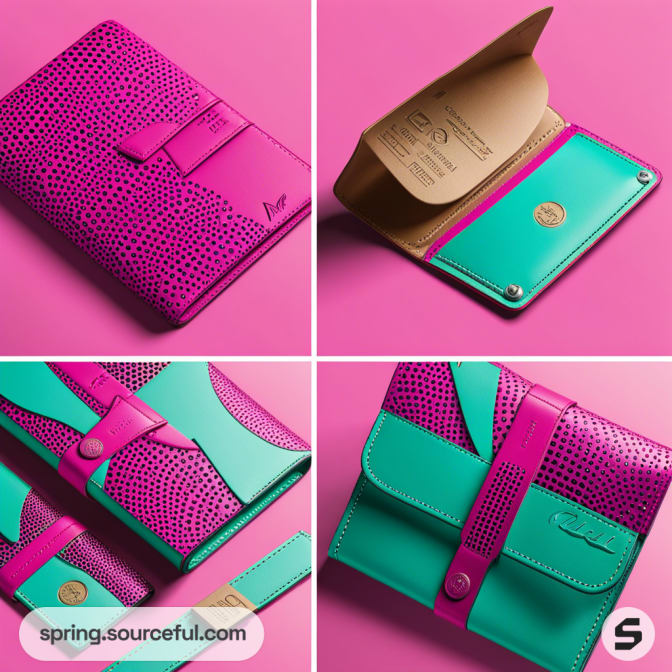 Colorful leather wallets with pink and turquoise design on pink background.