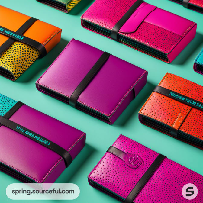 Vibrant leather wallets in pink, purple, orange, and teal with black bands on a teal background.