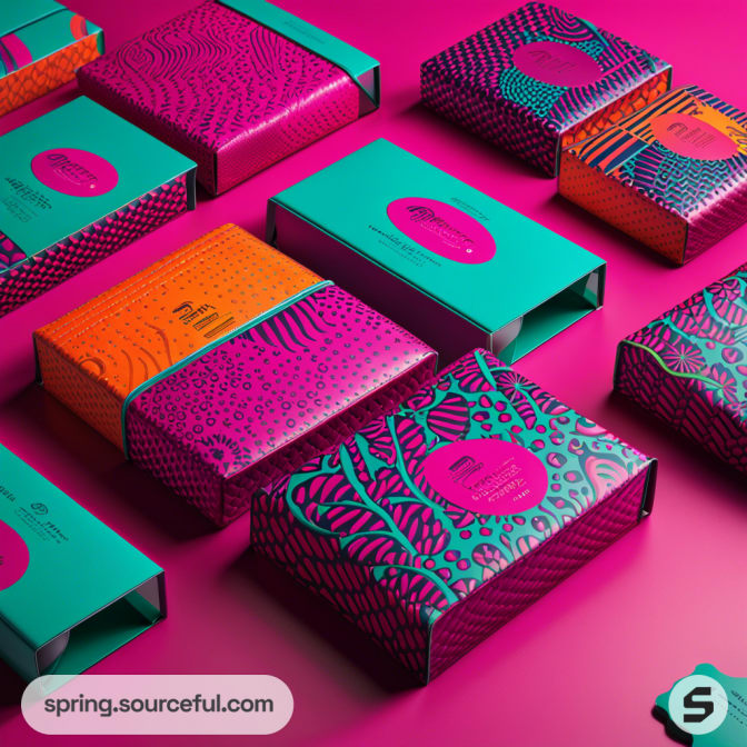 Colorful mailer boxes with pink and teal geometric and animal patterns on a pink background.