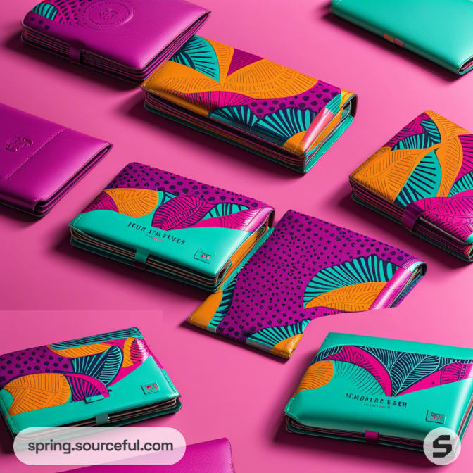 Colorful wallets with abstract patterns on a pink background.