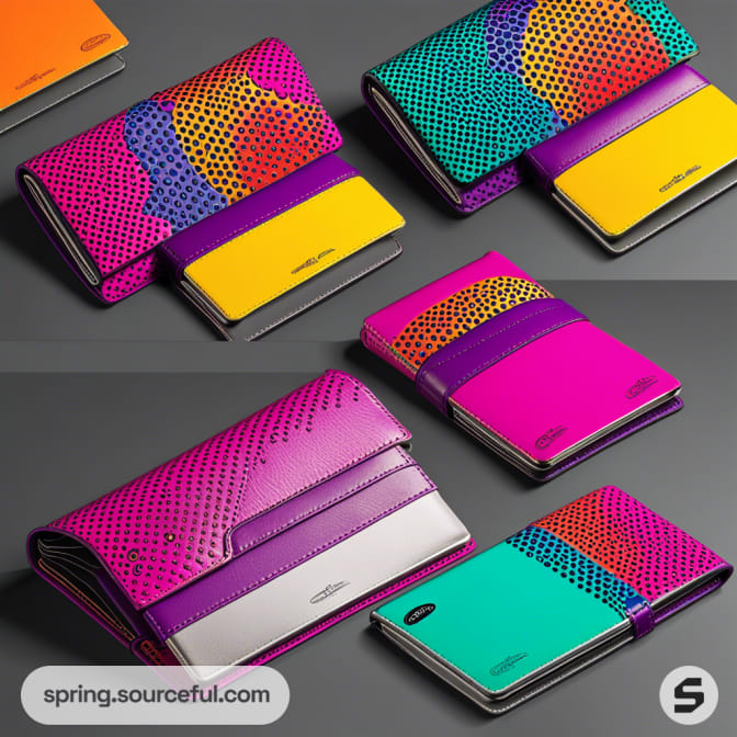 Colorful wallets and notebooks with vibrant polka dot patterns on a dark background.