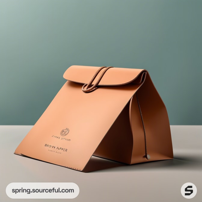 Brown leather gift bag with clasp on a green background.