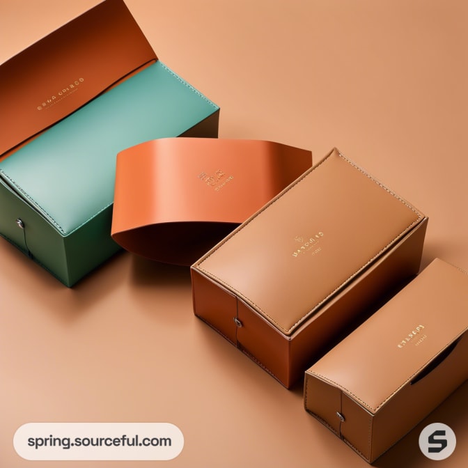 Luxury branded leather gift boxes in green and brown on a beige background.
