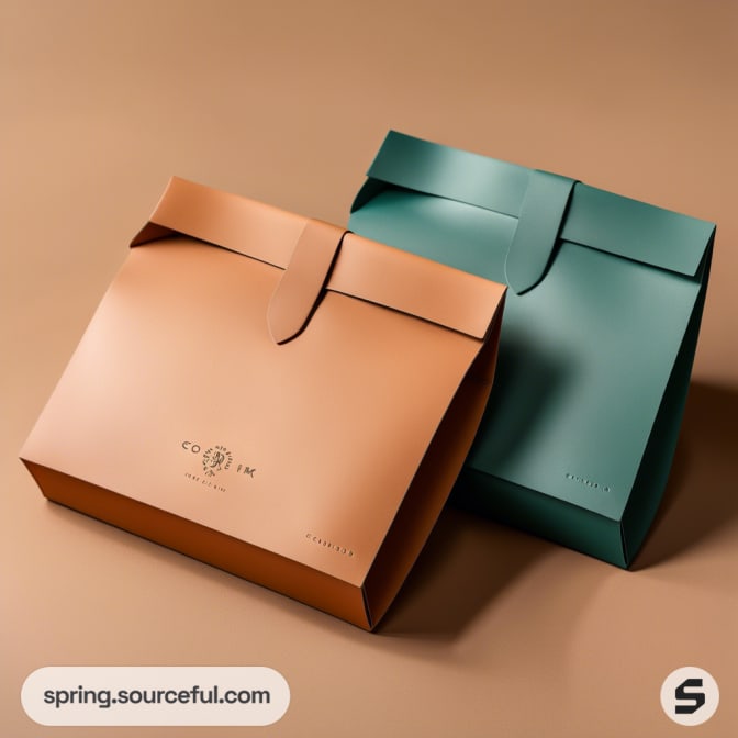 Brown and green luxury gift boxes with elegant design on a beige background.