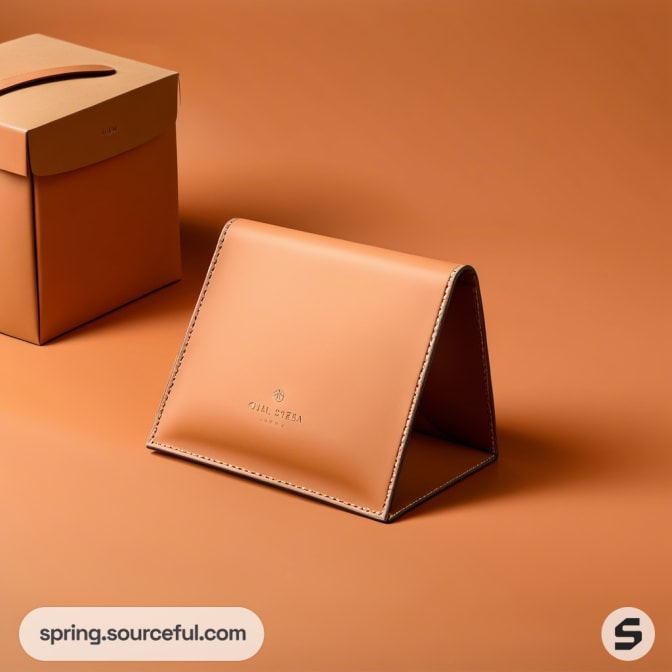 Tan leather mailer box and case on brown background.