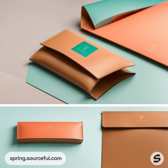 Brown rectangular pouch and envelope on teal and orange paper.