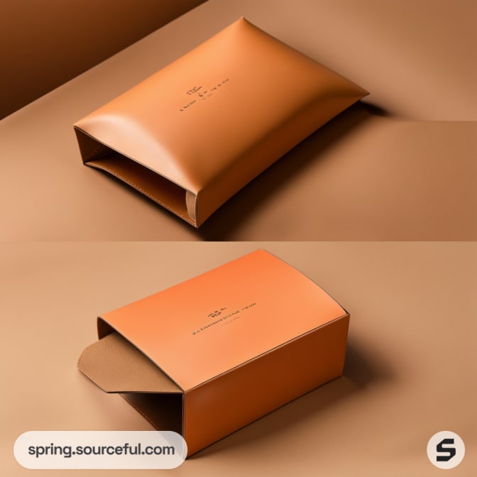 Matte orange rectangular mailer box with subtle text on top, open flap revealing interior.