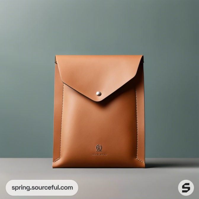 Brown leather envelope pouch with button closure on a green background.