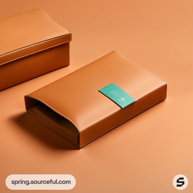 Brown leather pouch with a teal label on an orange background.