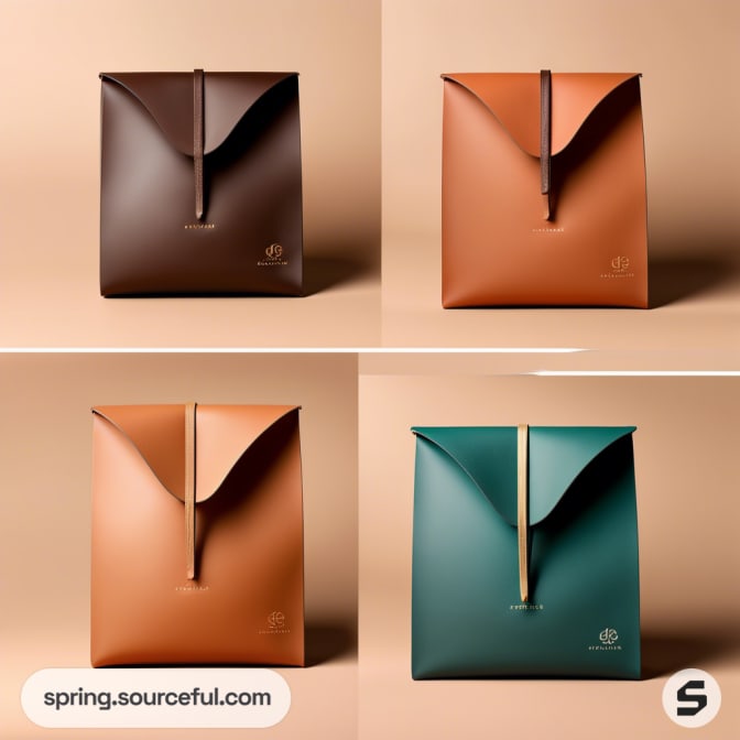 Four leather pouches in dark brown, camel, tan, and teal on a beige background.