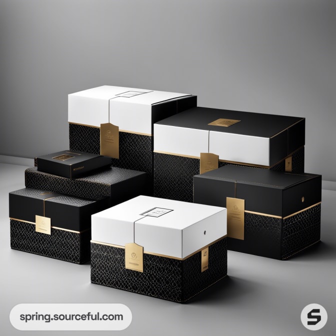 Elegant black and white gift boxes with gold accents and patterned bases on a gray background.