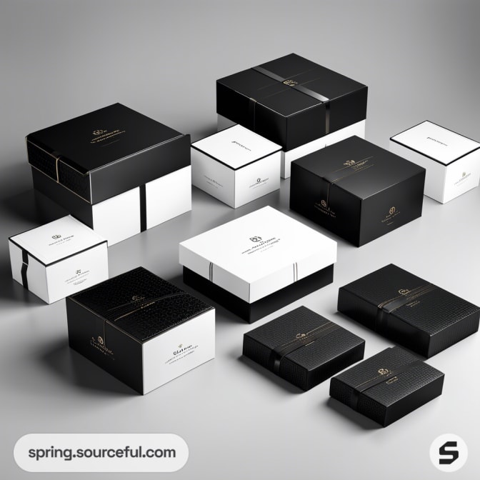 Black and white luxury packaging boxes with gold accents, various sizes on a gray background.
