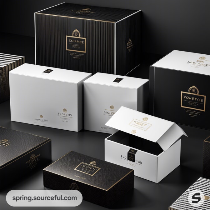 Black and white luxury packaging boxes with gold accents, featuring rectangular and square designs in an elegant setting.