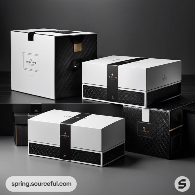 Luxury white and black gift boxes with elegant patterns and ribbon accents on a dark background.