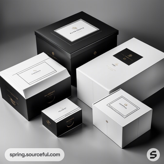 Black and white gift boxes with gold accents and elegant designs on a gray background.