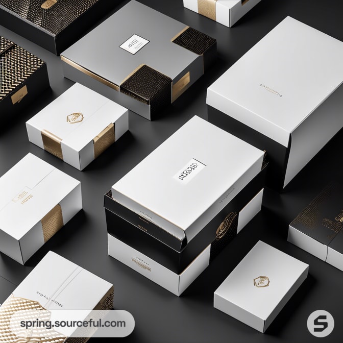 Assorted luxury gift boxes in black, white, and gold with various textures and patterns, arranged on a gray surface.