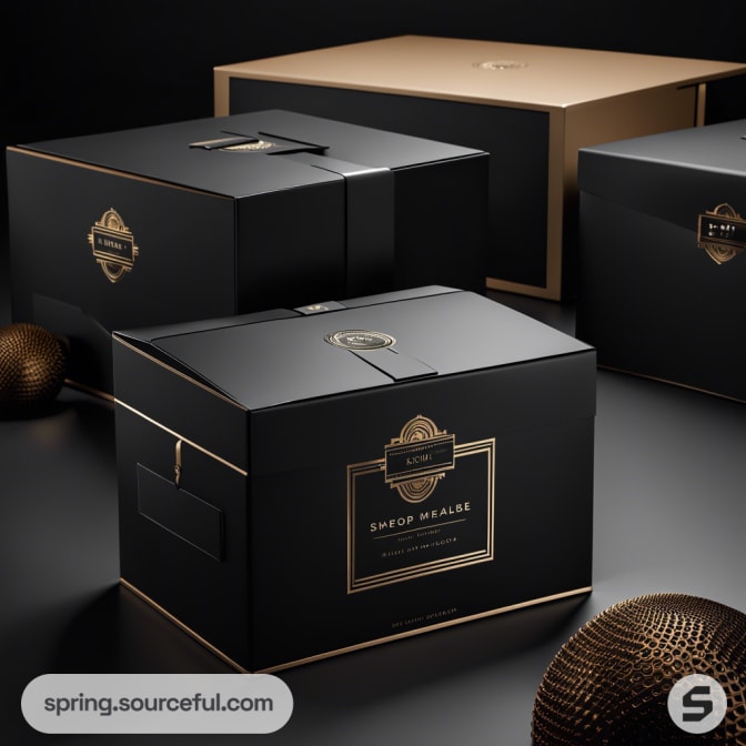 Elegant black and gold luxury gift boxes with a sophisticated design, set on a sleek surface.