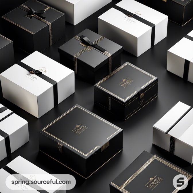 Elegant black and white gift boxes with ribbons on a dark surface.